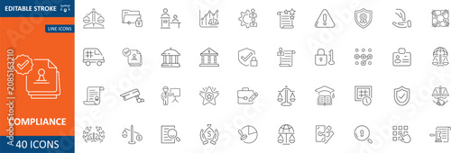Compliance icon set. Including compliance, governance, corporate, regulatory, transparency, regulations and more. Editable line icons. Vector illustration.