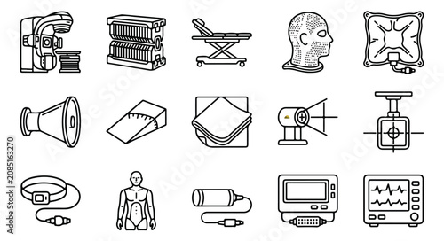 Fotografie Radiation therapy icons set, 15 oncology medical equipment line vectors, cancer
