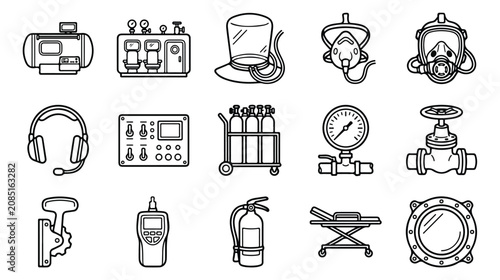 Obraz na płótnie Hyperbaric chamber equipment icons, medical oxygen therapy and diving safety vec
