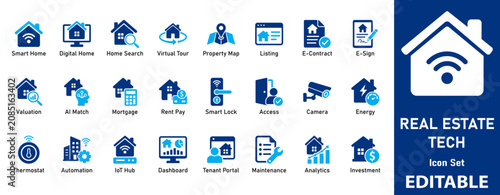 Real Estate Tech Solid icon set. Includes symbols for Smart Home, Virtual Tour, AI Match, and E-Sign. Solid vector icons for PropTech software and mobile apps UI design.