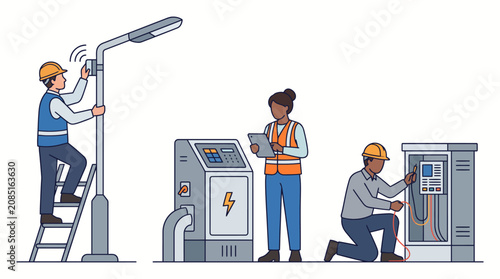 Slika na platnu Electricians perform maintenance on electrical infrastructure and smart city hardware to ensure reliable power distribution for the local community