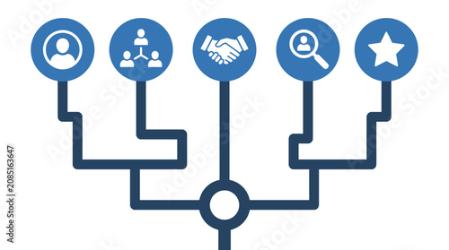 Icons representing business processes and team hierarchy flow in a structured linear diagram to illustrate corporate organization and strategic planning.