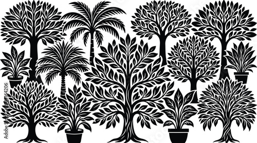 Fotografie Black silhouette of various potted trees and plants on white background