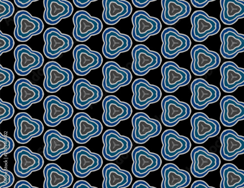 Modern seamless geometric pattern featuring abstract blue and grey wavy shapes on a black background. Perfect for textile design, wallpaper, fabric, wrapping paper, and digital backgrounds.