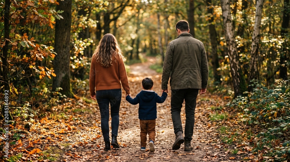 Fototapeta premium Parents holding hands with child walking in autumn forest, Concept of family, love and togetherness, Represents quality time and outdoor lifestyle made by AI generative