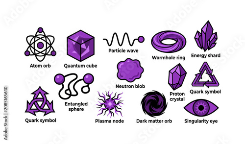Φωτογραφία Collection of stylized purple subatomic particles and quantum mechanics icons fo