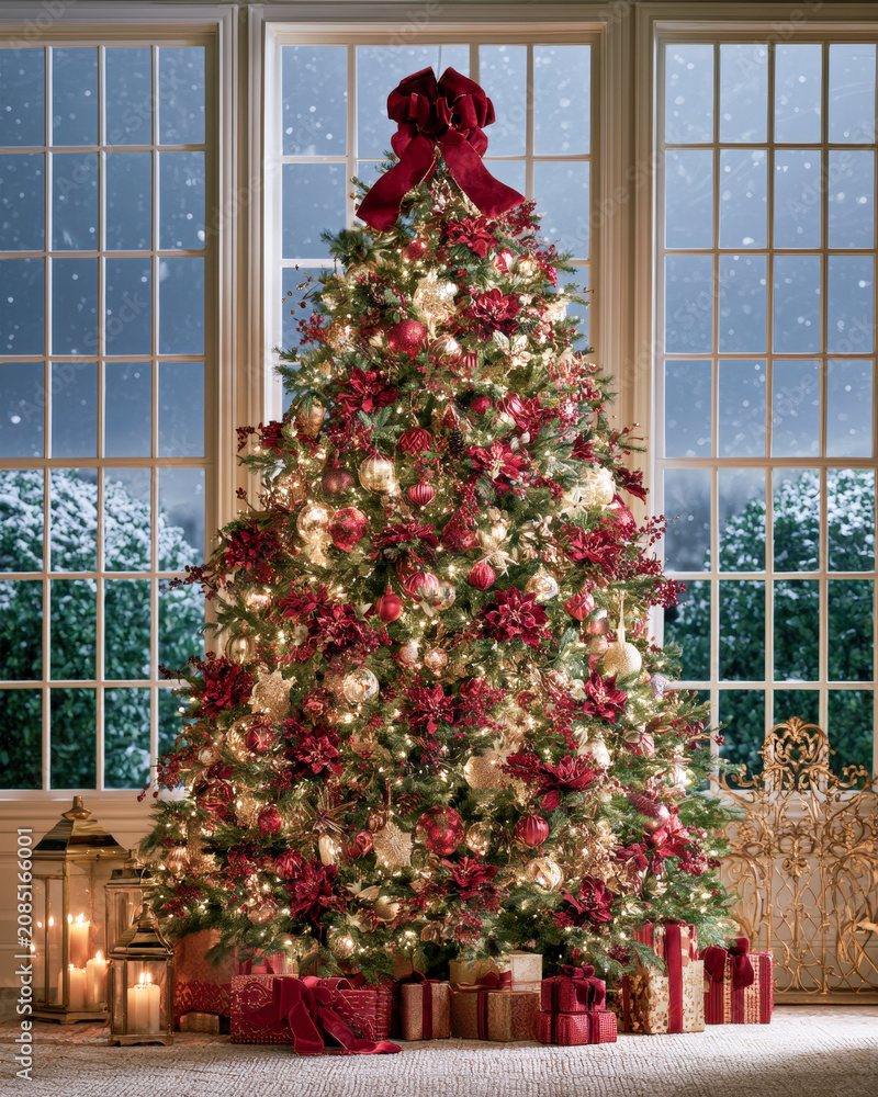 Fototapeta premium Decorated Christmas Tree in Elegant Room with Snowy Windows