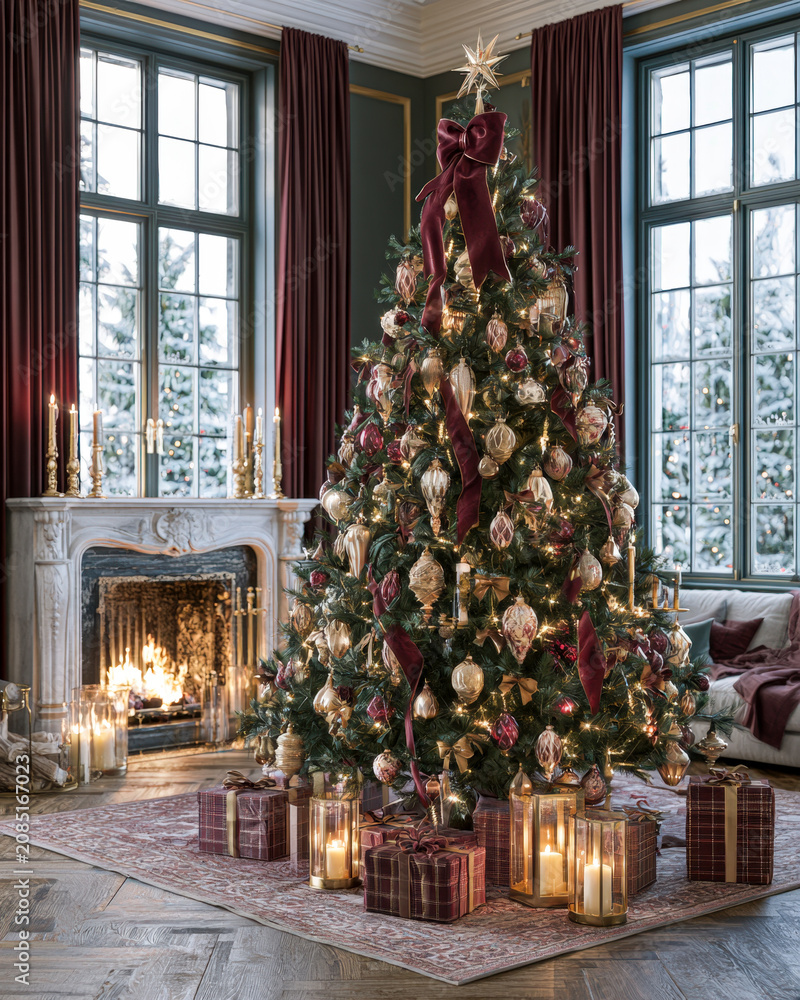 Fototapeta premium Luxury Christmas Tree by Fireplace with Gifts and Candles
