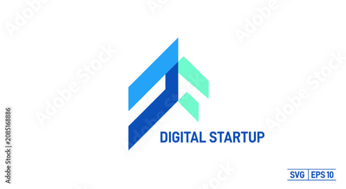 A digital startup company logo featuring a stylized letter with blue and green geometric shapes and text on a white background.