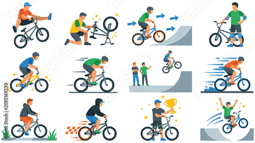 Colorful bmx sport action set showing various extreme stunts and biking fun.
