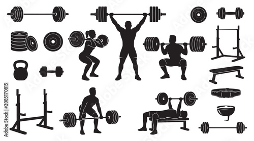 Tableau sur toile Weightlifting Equipment And Exercising Figures Black Silhouette