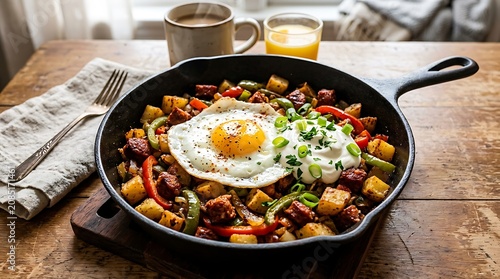 Delicious Breakfast Skillet with Fried Egg, Potatoes, Peppers, and Onions.