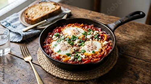 Delicious Shakshuka with Poached Eggs and Fresh Herbs in a Cast Iron Skillet.
