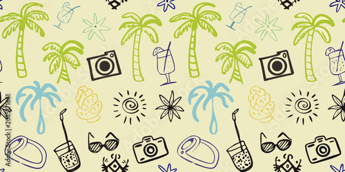 Bild auf Leinwand Tropical vacation themed pattern with palm trees and beach objects
