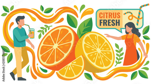 Foto Citrus fresh concept with man and woman enjoying healthy orange juice drink