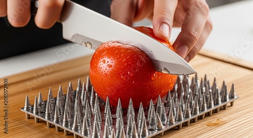 Hands cutting tomato on spike mat.