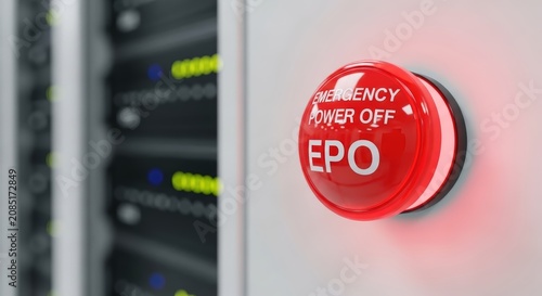 Close up of a red emergency power off button EPO on a control panel.