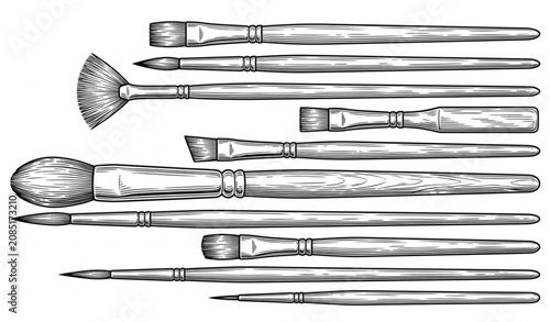 Bild auf Leinwand Detailed Engraving Style Vector Illustration of Various Artist Paint Brushes Pla