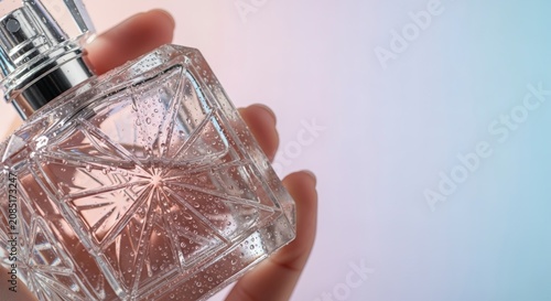 Crystal perfume bottle in hand closeup.