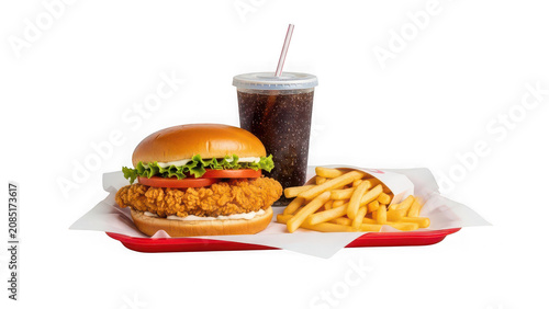 Fast food combo meal with a crispy chicken sandwich, french fries, and a soda drink on a red tray isolated on transparent background