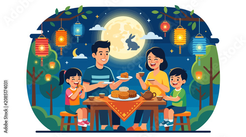 A family enjoys a festive dinner outdoors under the full moon surrounded by lanterns.