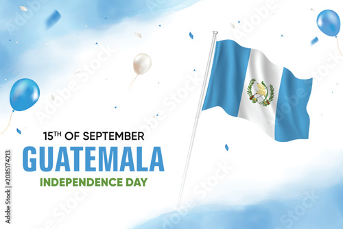 Guatemala Independence Day. Guatemala Flag Waving With Floating Balloons On Watercolor Grunge Backgorund Design Vector Illustration.