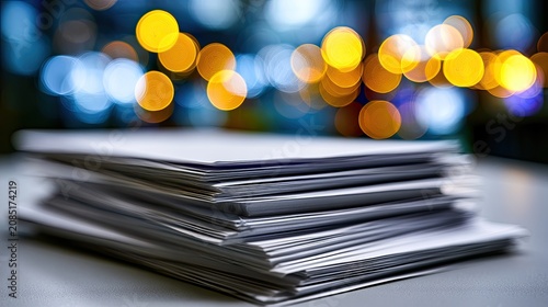 Stack of white envelopes on a table with blurred colorful lights behind