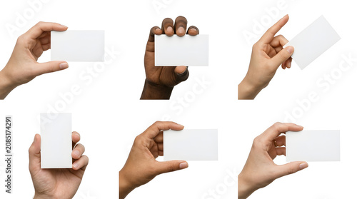 Hands Holding Business Card: A collage showcasing diverse hands in various poses, each holding a blank white business card, symbolizing opportunity and networking.