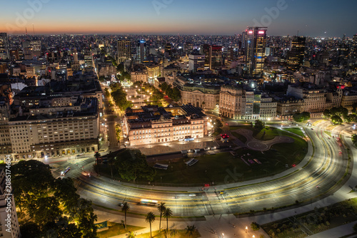 Aerial view of the Presidential Palace in Buenos Aires, Argentina at night.