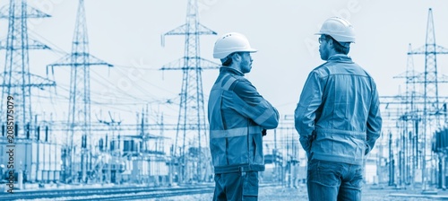 Two electrician at power grid. Generative AI technology.	