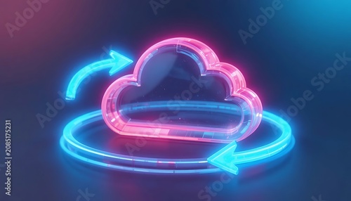 3D Render of Glowing Cloud with Circular Blue Arrows Symbolizing Data Syncing Cloud Storage Management and Online Backup Connectivity Process