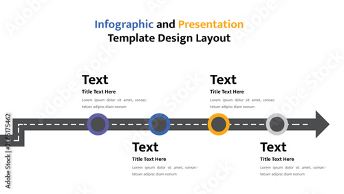 Business presentation infographic timeline template displaying four distinct steps and information placeholders