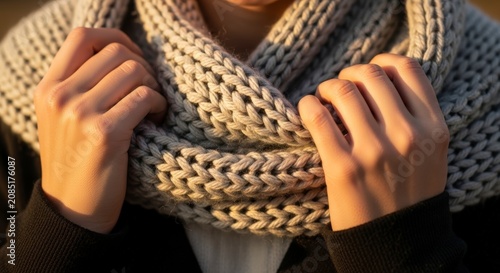 Woman wearing warm beige knitted scarf.