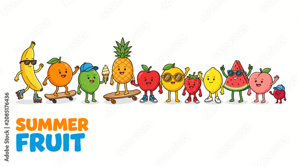Naklejka premium Cheerful row of colorful cartoon summer fruits with smiling faces forming a playful banner
