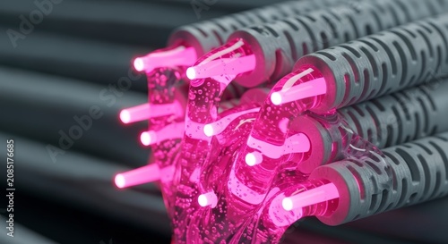 Fiber optic cables with pink connectors.