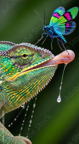 Chameleon with butterfly on tongue outdoor.
