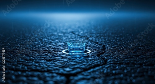 Glowing blue light on dark asphalt road.