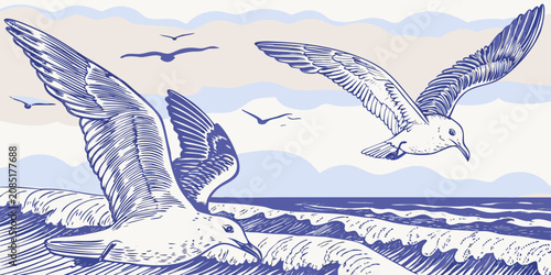 Konstfotografi Seagulls And Waves Blue Engraved Style Illustration