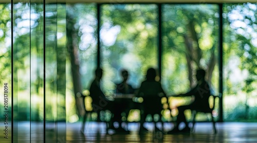 Silhouetted figures meet around a table by a large window