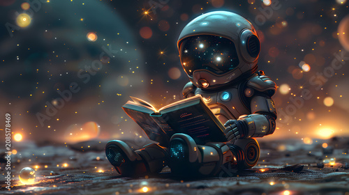 Conceptual Kids Illustration of Small Robot Reading Book in Outer Space, Cosmic Learning Theme, Stars and Planets Background
