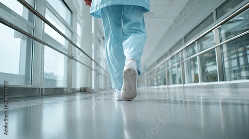Medical professional walks down a brightly lit, modern hospital corridor