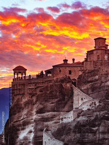 Sunset over Varlaam monastery in Meteora, Greece