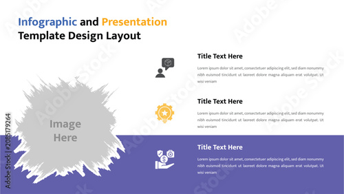 Infographic and presentation layout template showing text sections with placeholder image and icons