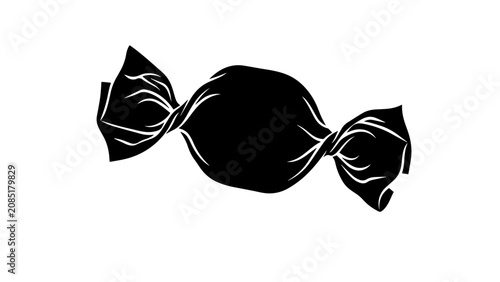 Minimalist candy silhouette vector, black wrapped sweet icon on white background, simple confectionery treat illustration for food branding