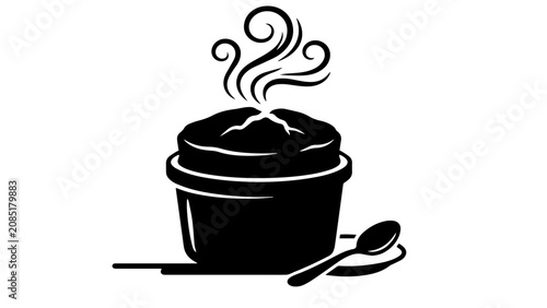 Minimalist chocolate souffle vector icon, hot steaming dessert in ceramic ramekin with spoon, black and white bakery logo element for restaurant menus