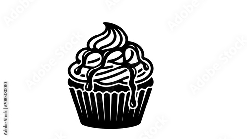 Minimalist cupcake vector icon, black and white muffin illustration with frosting and syrup, sweet dessert logo element for bakery branding