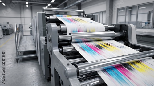 Industrial offset printing press machine with rollers processing CMYK color paper in modern factory facility for commercial technology abstract concept