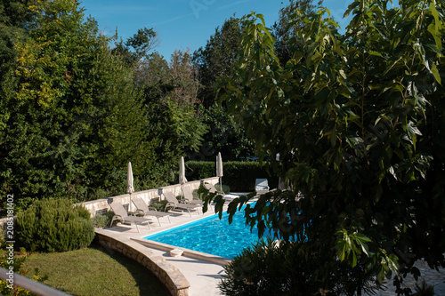 Tranquil swimming pool surrounded by lush green trees and comfortable lounge chairs