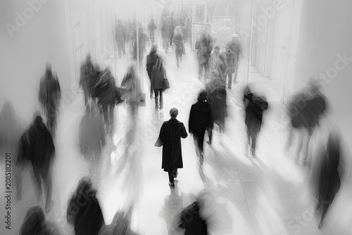 Blurred motion captures a lone figure walking against a crowd in a bright hallway