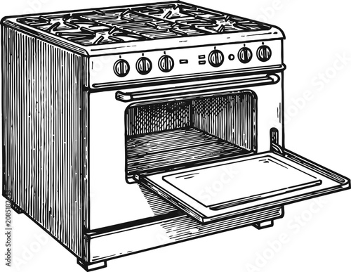 Vintage gas stove engraving classic kitchen cooker with oven and burners open door detailed drawing